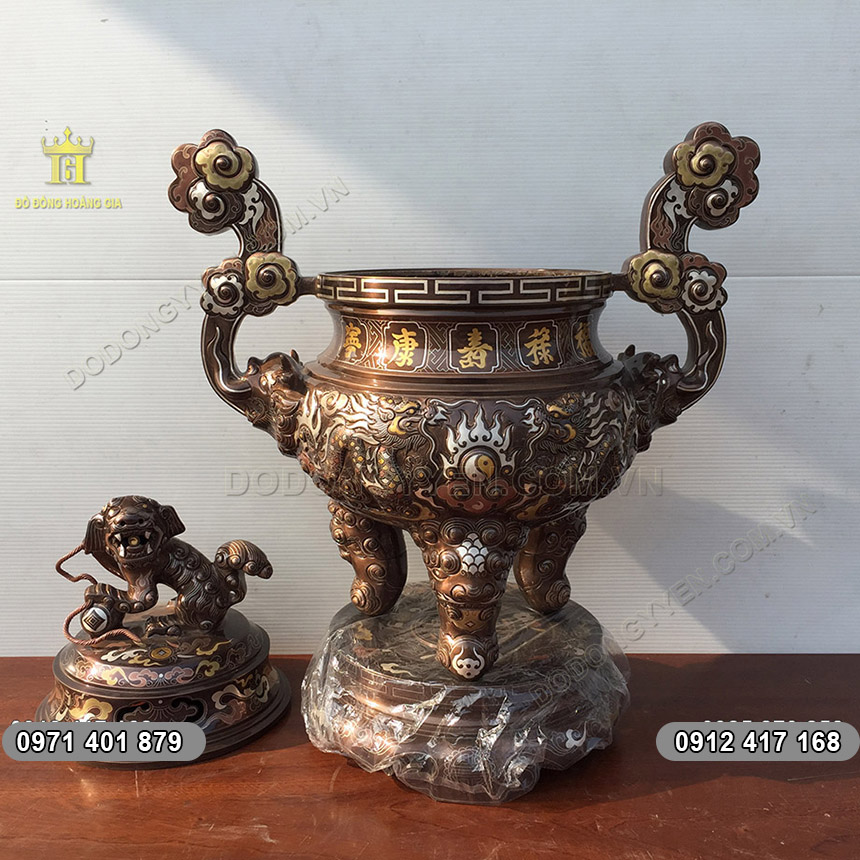 Đỉnh Đồng Ngũ Sắc Rồng Nổi Khảm 5 Chữ V&agrave;ng cao 61cm